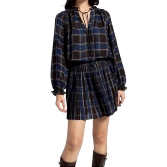 Current Air Plaid Blouson Sleeve Pleated Mini Length Dress Size Medium - Picture 4 of 16